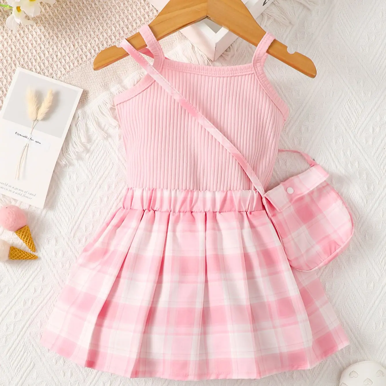 6-36-month-old newborn baby girl summer pink halter top with plaid skirt fashion suits wear bags three-piece set