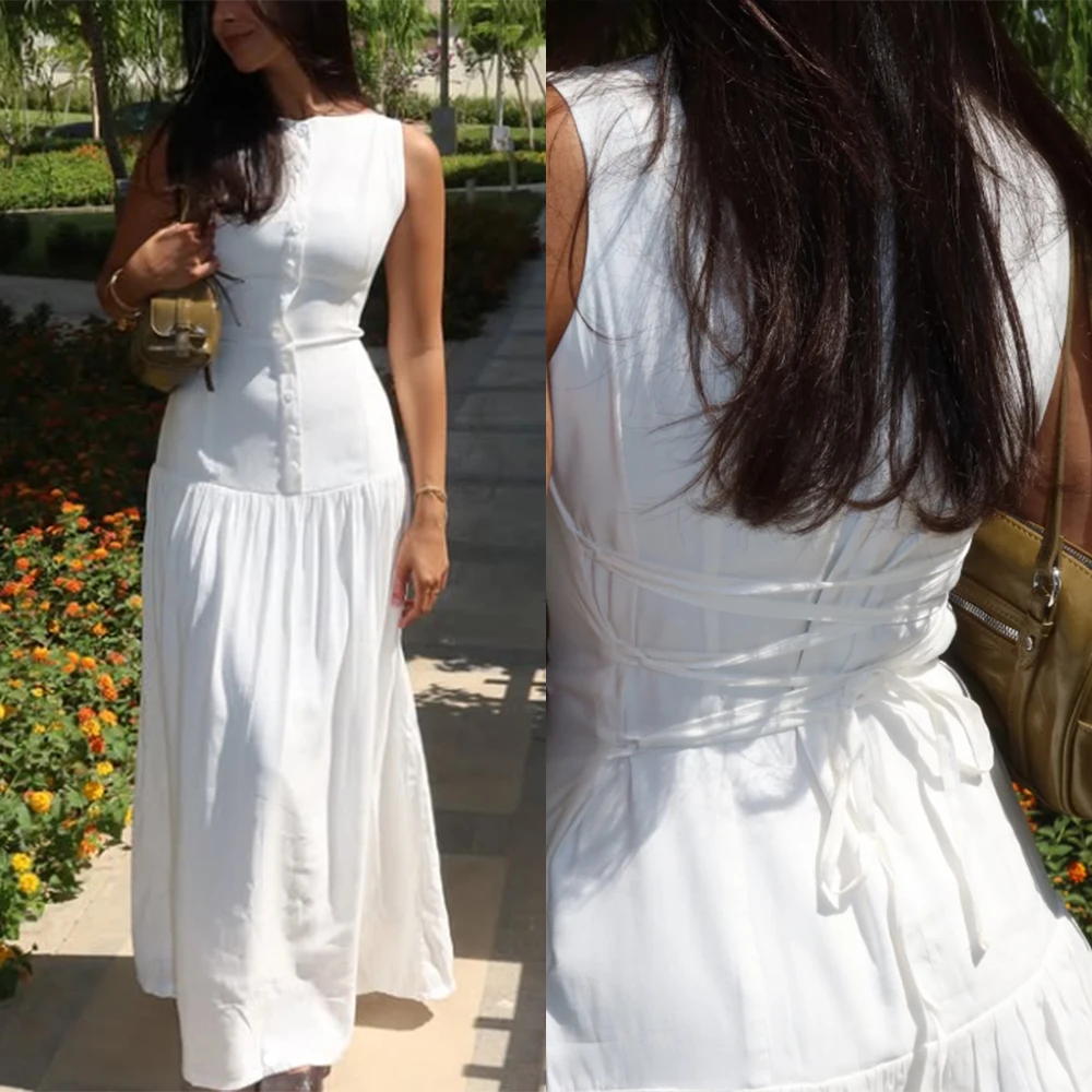 Customized O-neck Ankle Length Sleeveless Back Strap White Kate Middleton Dress Vestidos Para Bodas Mujer Invitada Evening Gown