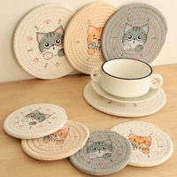 Japanese-Style Ins Braided Insulation Table Mats Coasters Creative Cute Cartoon Kitten Coaster Bowl Mat Cotton Rope Placemat