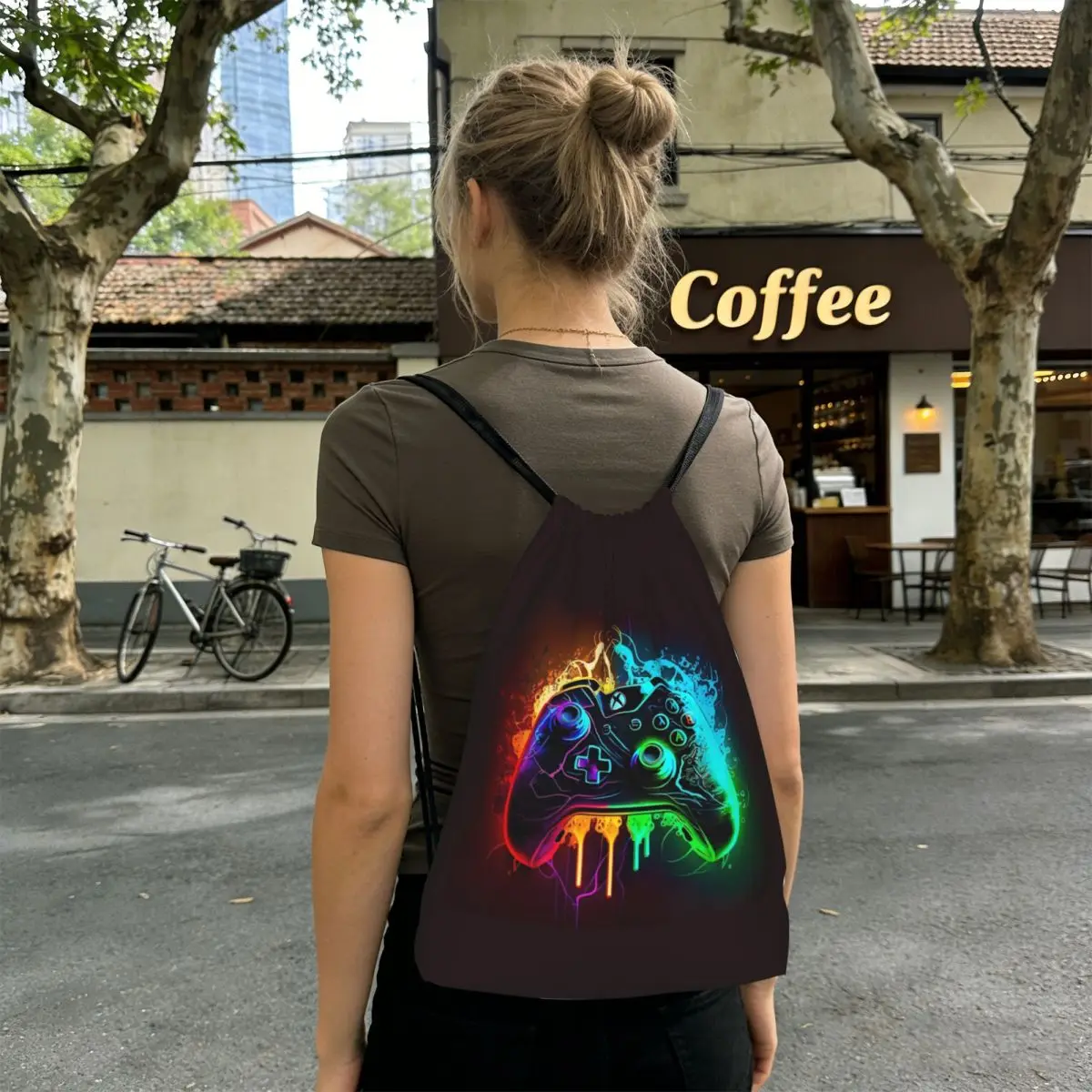 Game Console Printed Pattern Backpacks Casual Drawstring Bundle Pocket Sports Bag Book Bags for Man Woman School