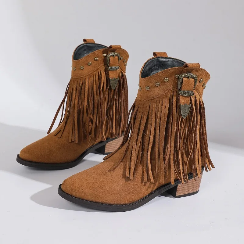 

Autumn and Winter New Style Fashion High-heeled Women Boots Solid Round Head Tassels Metal Decoration Square Heel Women's Boots