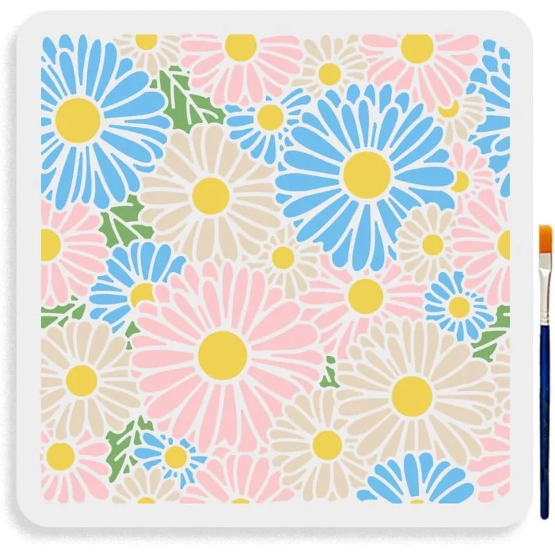 

1 pc Large Daisy Stencils 11.8×11.8inch Blossom Daisy Flower Stencils with Paint Brush Reusable Daisy Background Drawing