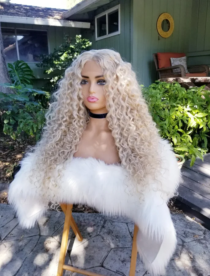 Perruque Lace Front Wig synthétique bouclée et crépue pour femme, perruque Blonde blanche claire, perruque bon marché de haute qualité, en liquidation, utilisation quotidienne