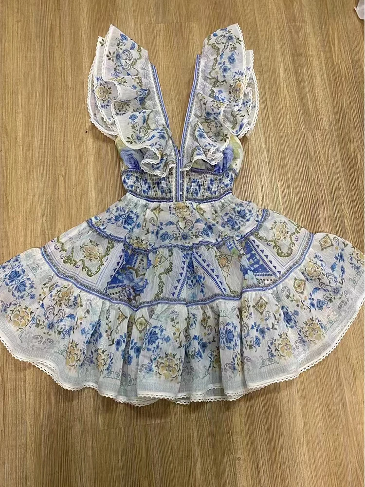 الرجعية الراقية الخامس الرقبة تكدرت تحلق الأكمام تنورة الصيف المرأة الجديدة الخصر حزام نحيف عارية الذراعين المطبوعة عطلة نمط اللباس