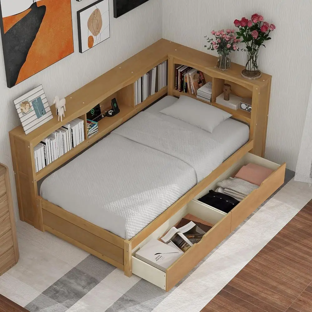 Twin Size Daybed with Storage Drawers & L Shaped Bookcases, Wood Twin Bed with USB Ports & Storage Cabinets, Twin Sofa Bed Frame