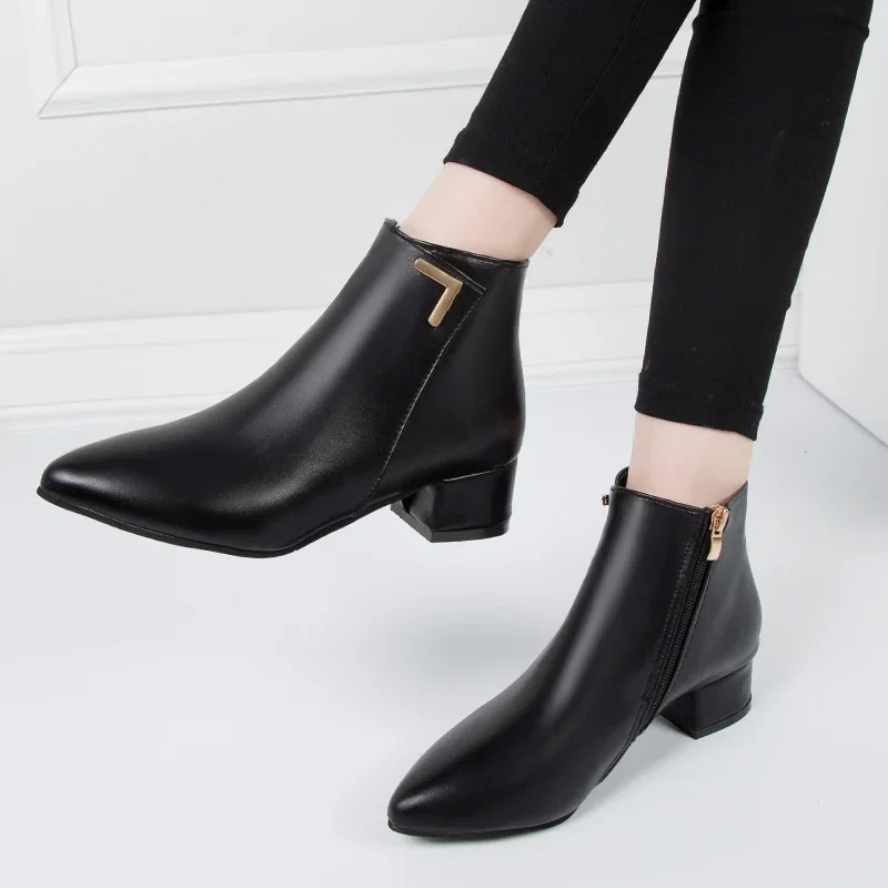 2026 New Style Fashion Women's Boots Casual Leather High Heels Spring Women's Shoes Pointed Toe Side Zipper Office High Heels 42 image 3