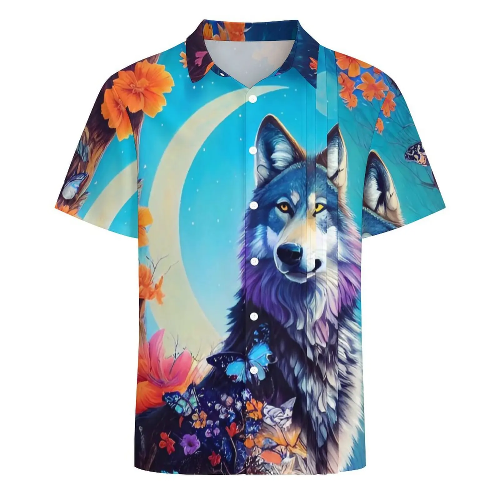 Camisa hawaiana de lobo en árbol floreciente para hombres, camisas casuales con estampado de flores de vacaciones, blusas clásicas de manga corta Harajuku de talla grande