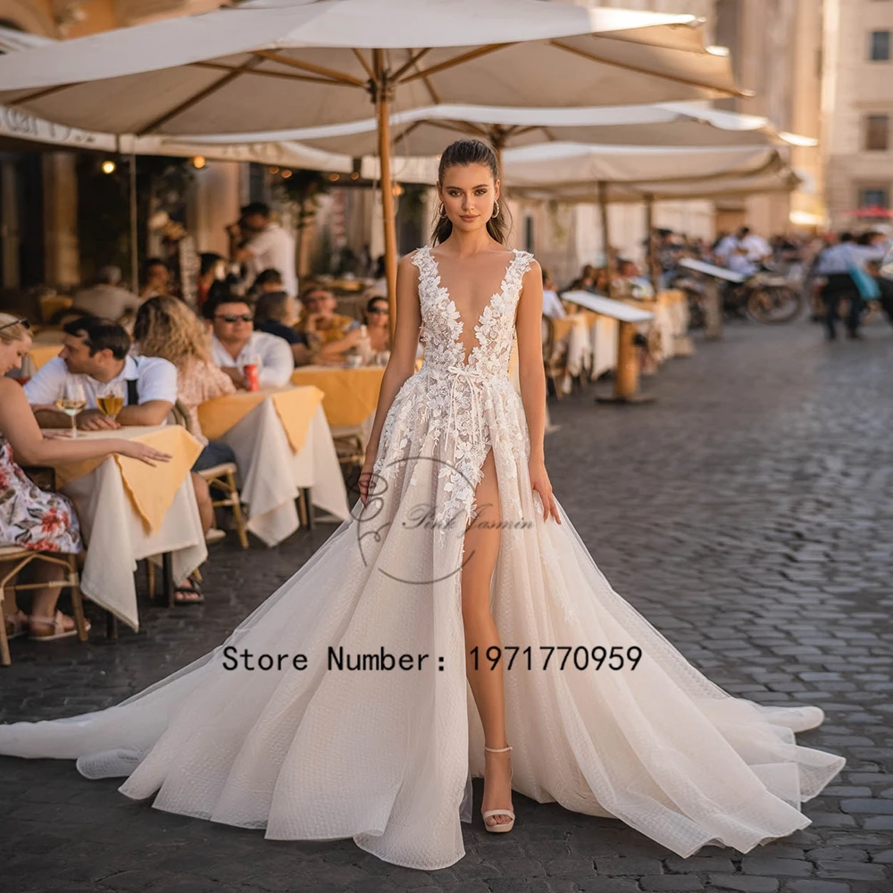 

Gorgeous Wedding Dress V Neck High Side Slit Applique Elegant Sexy Open Back Bridal Gowns Court Train Vestido De 2024 New