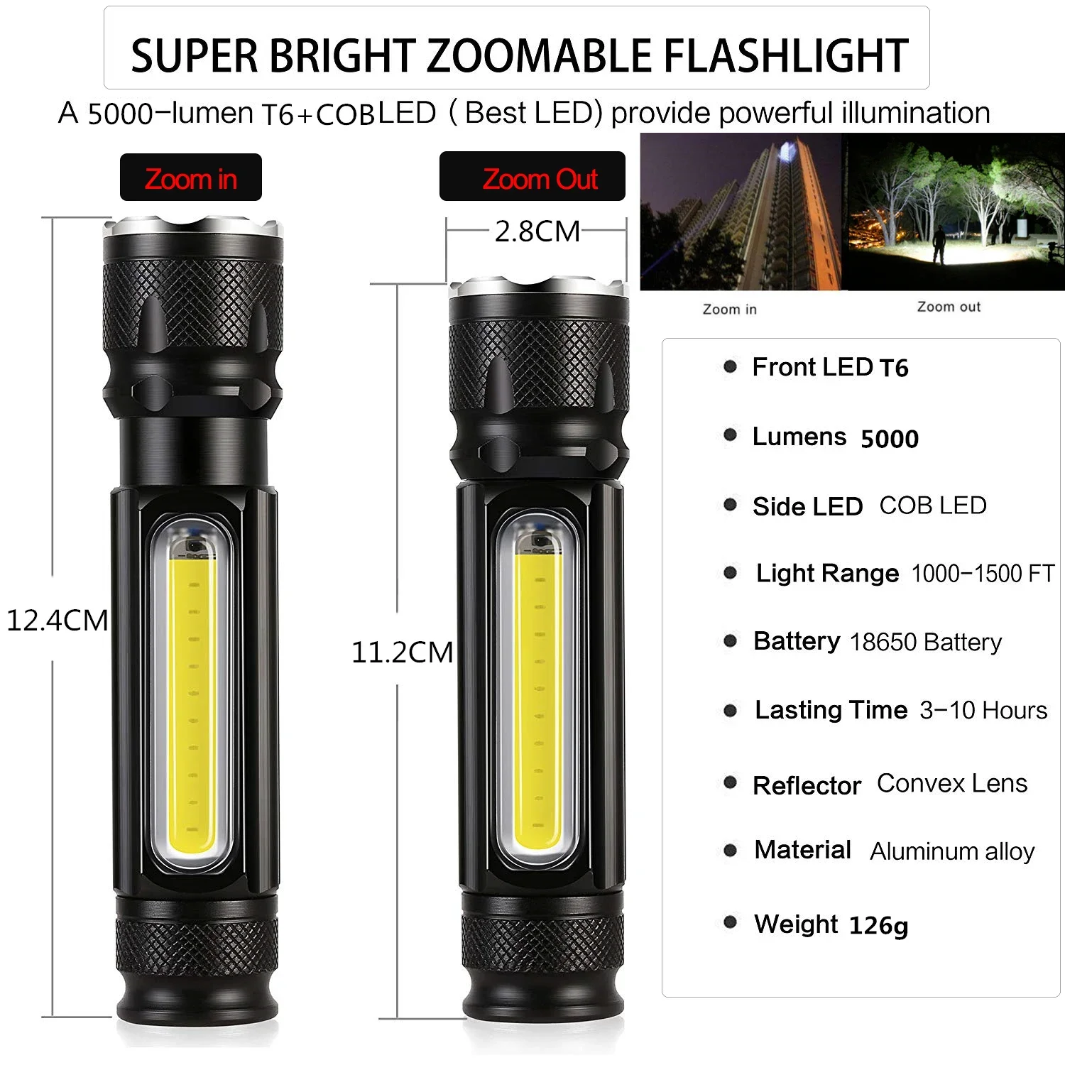 Super Bright LED Flashlight USB Rechargeable Flashlights with COB Side Light Outdoor Emergency Light Torch