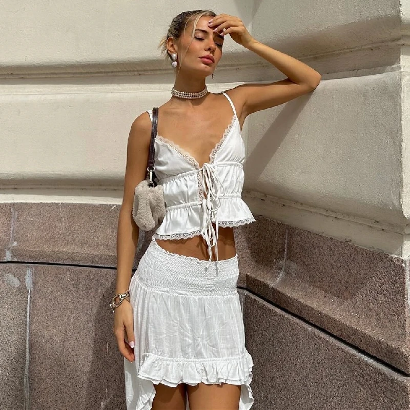 French Style Vacation White Lace Hollow out Strap Camisole Pleated High Waist Irregular Long Dress Suit