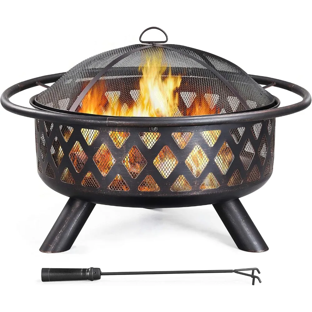 

Fire Pit 36in Outdoor Wood Burning Fire Pits Wood Large Fire Bowl for Outside BBQ Bonfire Patio with Mesh Spark Screen, Poker a