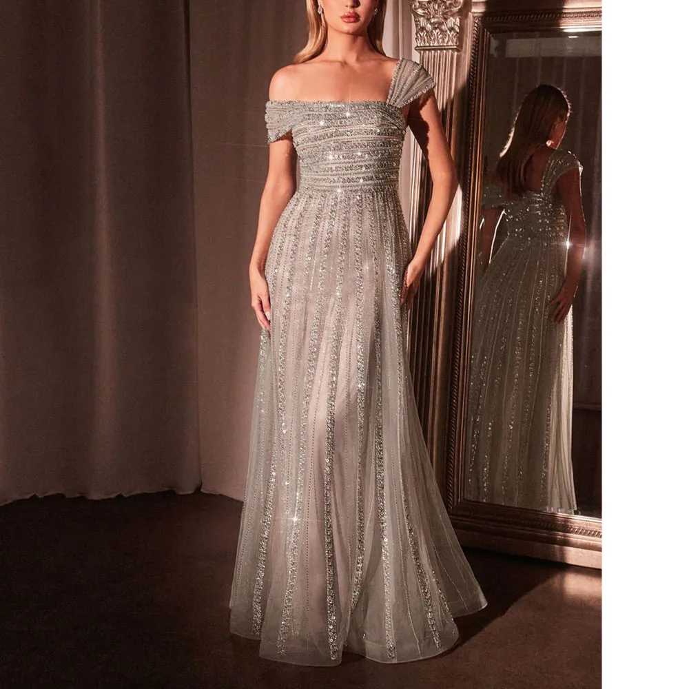 

Pretty Gray Women Prom Dresses Cap Sleeves Floor Length A-line Sequined Beading Fairy Female Evening Party Banquet Gowns