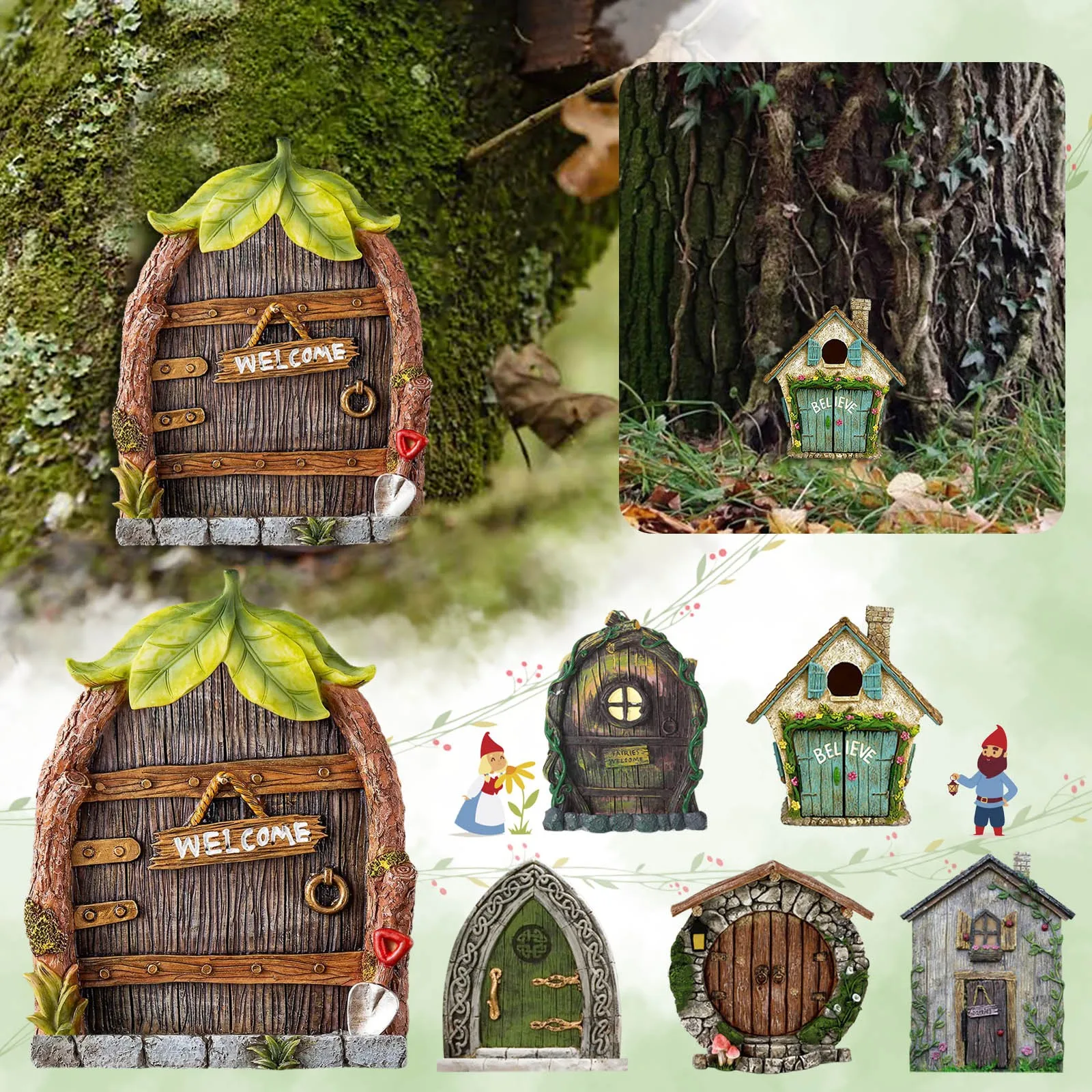 Fairytales Door Decoration Wooden Ornaments Fairys Dwarf Elf Tree Door Garden Statue Decoration Miniatures Yard Art Figurines