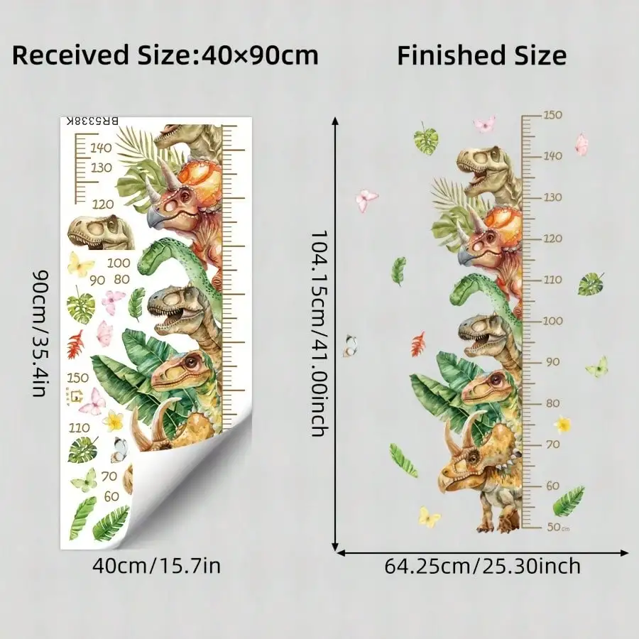 1pc Dinosaurs Stacked High Wall Sticker, Colorful T-Rex Triceratops with Height Ruler 50-150Cm & Butterflies, Whimsical Nursery