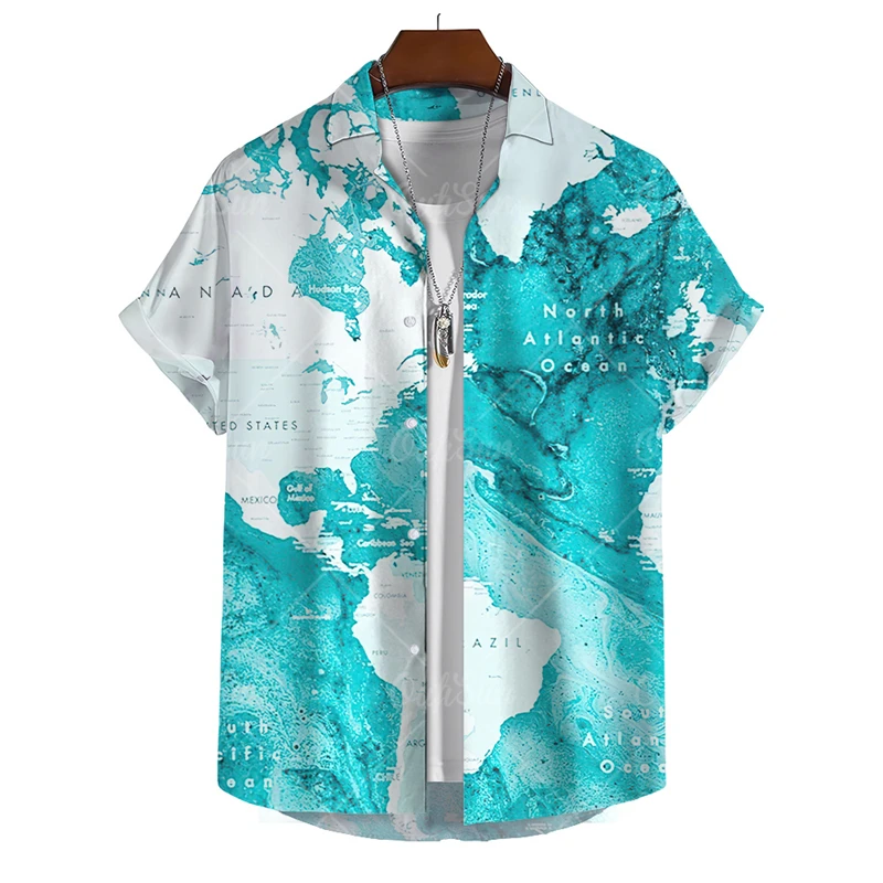 3D Print World Map Men's Shirts Digital Print Oversized Buttons Short Sleeves Men Women Loose Casual Summer Beach Hawaiian Tops