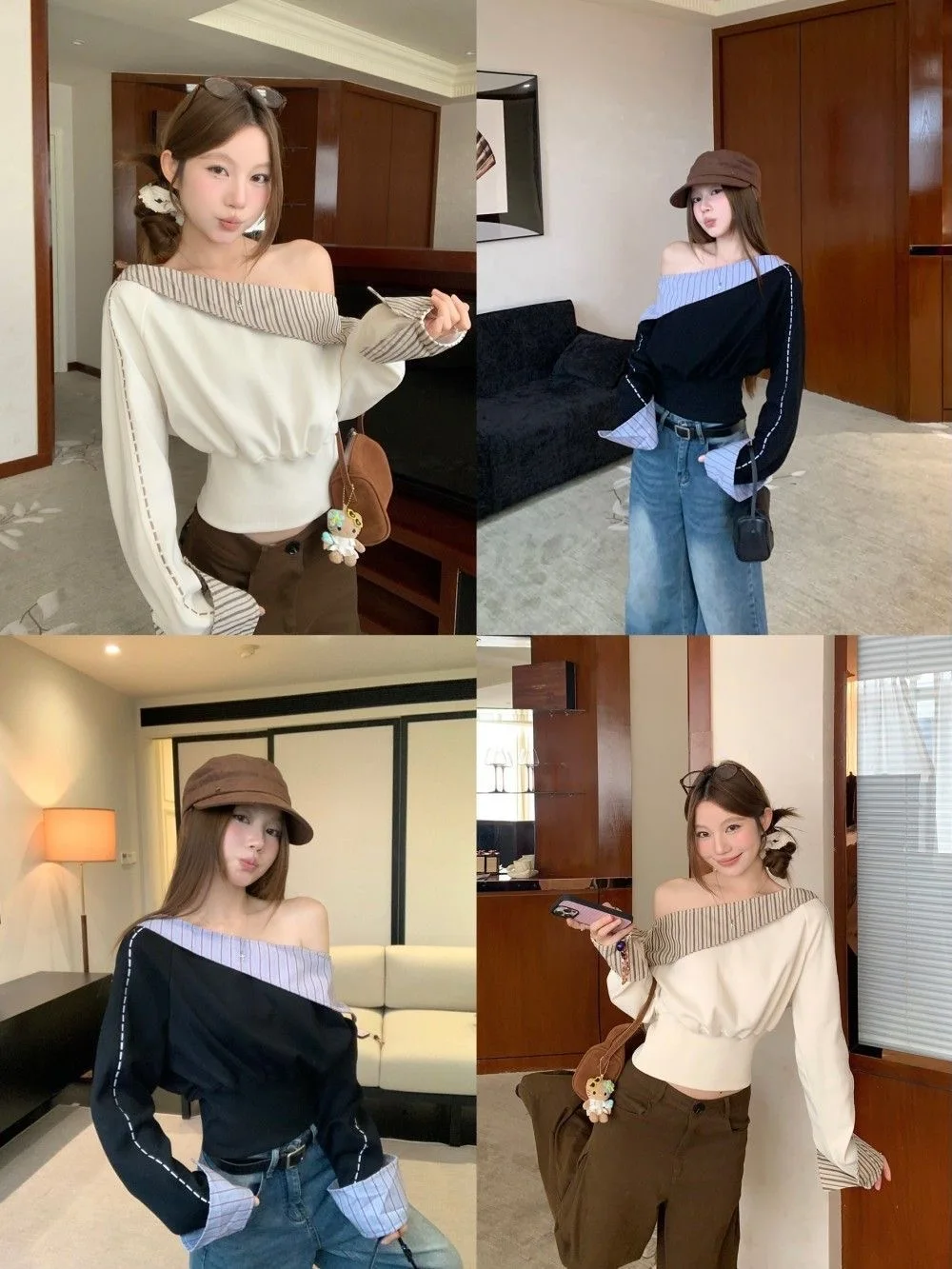 لقطة حقيقية الخريف مصمم كتلة اللون شريط تقسم غير المتماثلة الكتف طويلة الأكمام البلوز المرأة سليم صالح تنوعا Casua