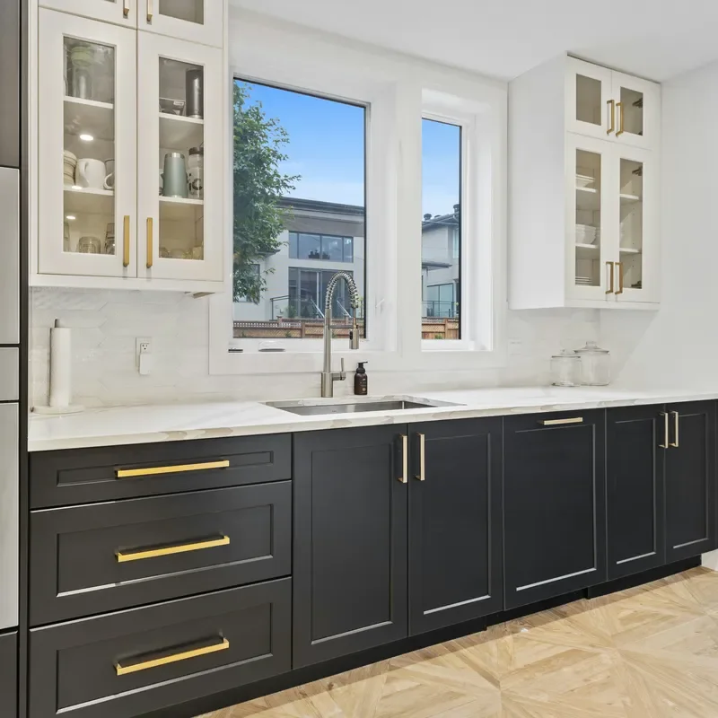 American Modern Marble Top Kitchen Cabinet Set Natural Solid Wood Black Shaker Style Classic Design Home Furniture Storage