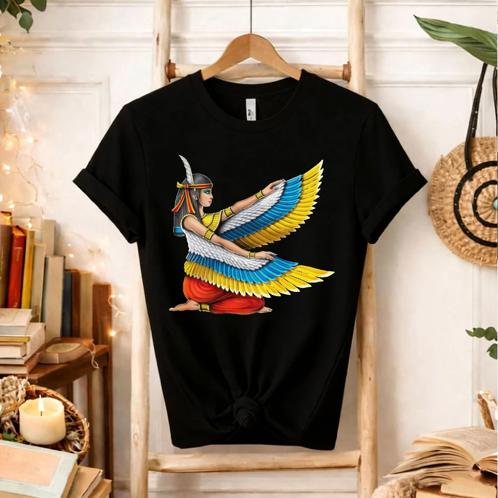 Egyptian Maat Goddess with Colorful Wings Cartoon Illustration T-Shirt Ancient Egypt Justice Symbol Cotton Mythology Tee Top