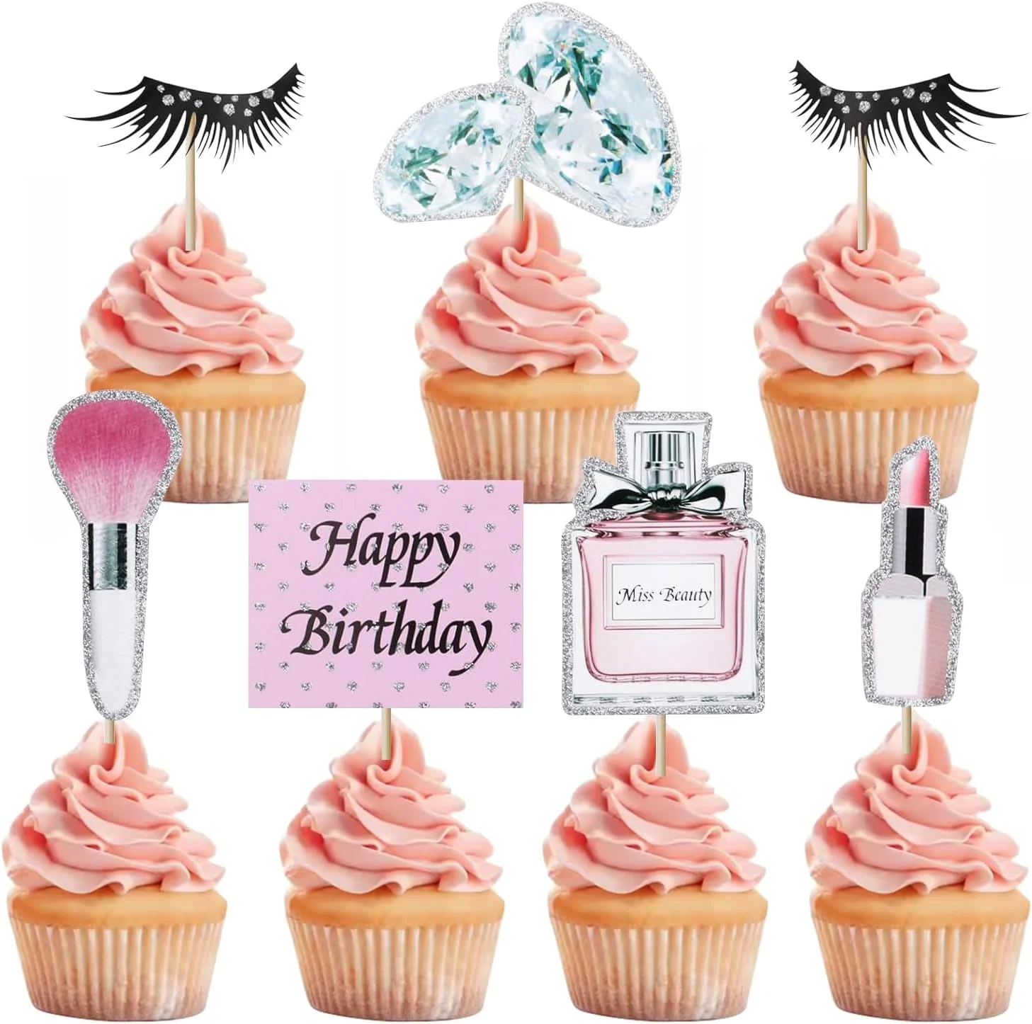 22-teiliges Make-up-Kuchenaufsatz-Set – Lippenstift, Parfüm, Wimpern, Diamantpinsel-Dekor für Frauen, Mädchen, Geburtstag, Brautparty, Spa-Party – Detail 12