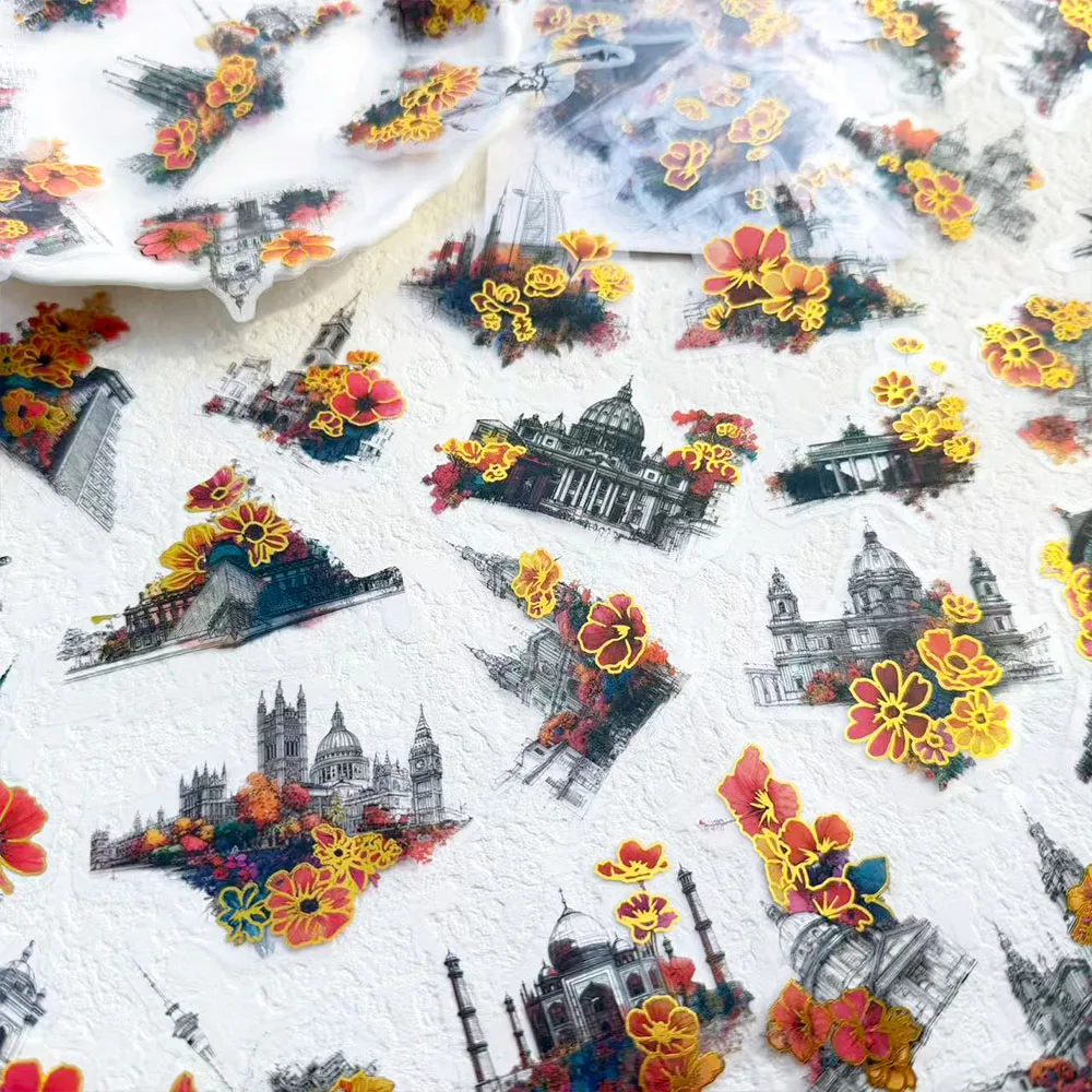 50 Stück Weltberühmte Architektur Goldprägung PET-Aufkleber für Handy, Scrapbook, Koffer, Helm, DIY Ästhetische Sticker