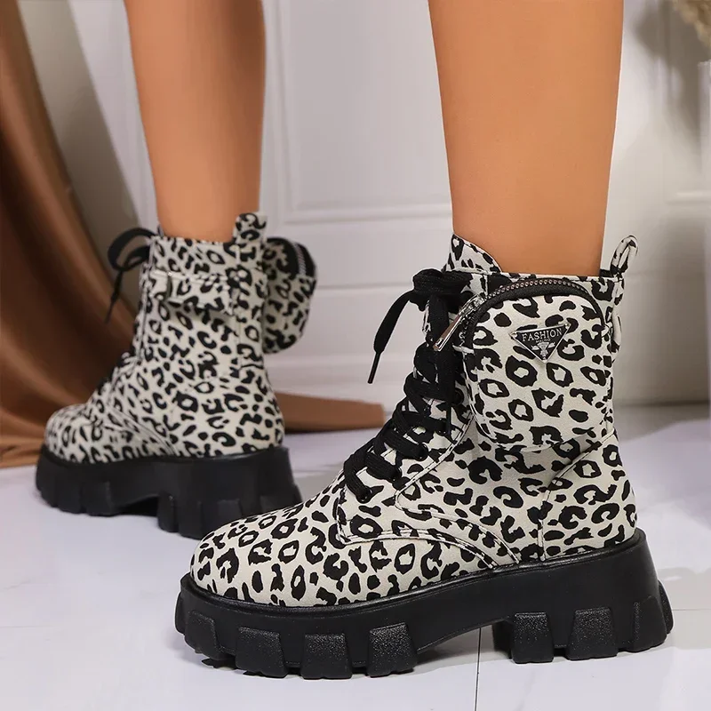 Leopard Print Chunky Heels Schuhe Frauen Plattform Stiefeletten Casual Sneaker Winter 2025, Trend Designer Lace Up Schnee Botas Mujer