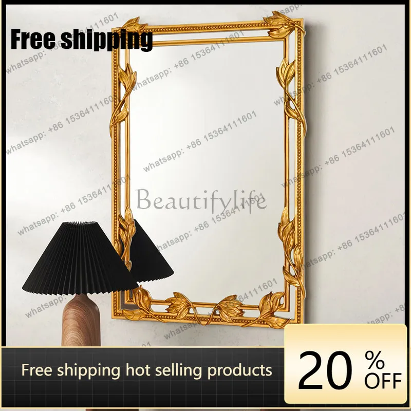 LS American Style Light Luxury Gold Square Makeup Mirror Wall-Mounted Elegant Dressing Mirror