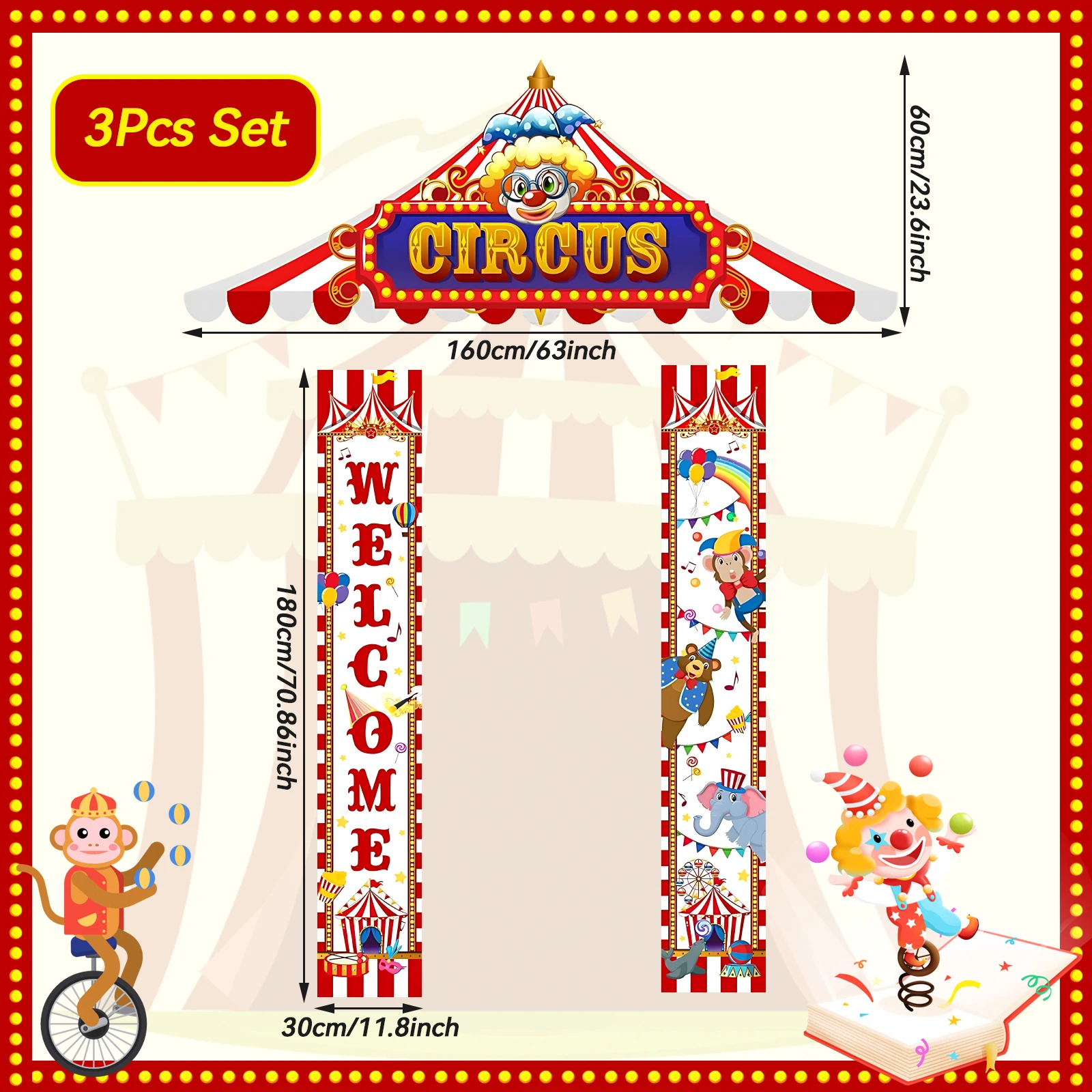 3 قطع لافتة شرفة السيرك الكرنفالية، زينة حفلات موضوع السيرك، مجموعة لافتات باب ترحيب الكرنفال، عيد ميلاد كرنفال معلق