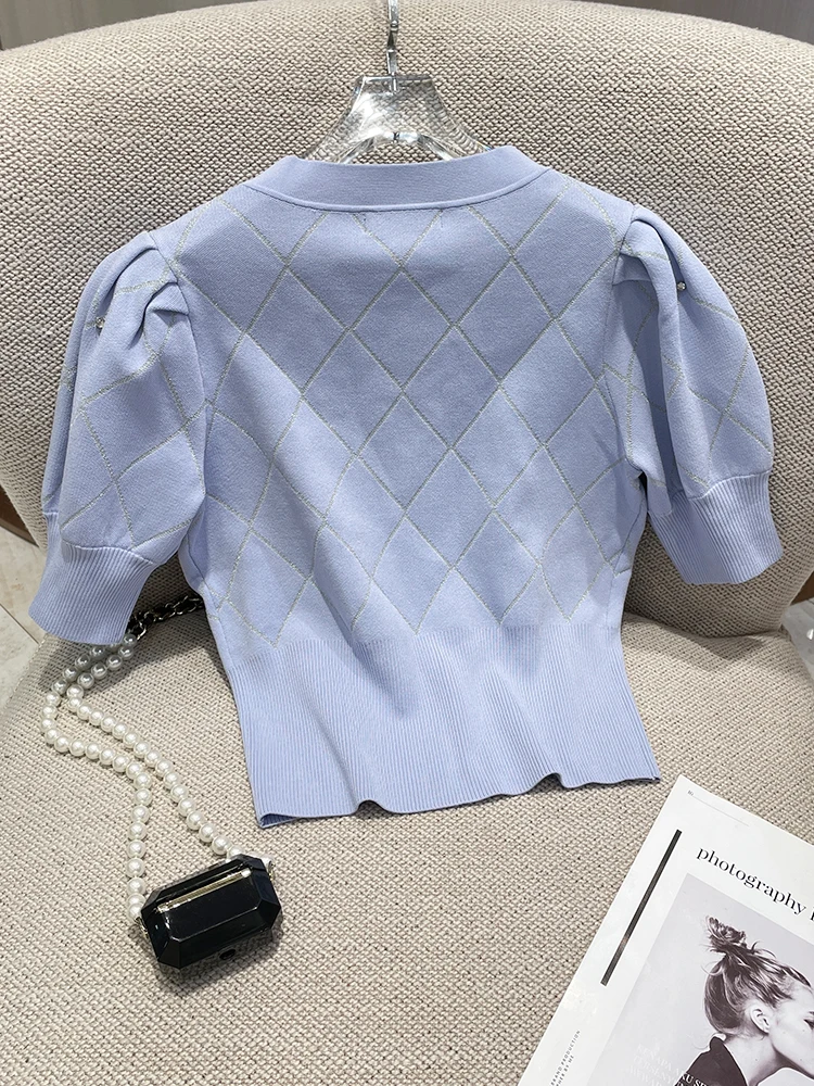 French Elegant Knitted Women Tops Sweet V-neck Cardigan T Shirts Summer 2024 New Short Sleeve Sweater Slim Short Y2k Clothes