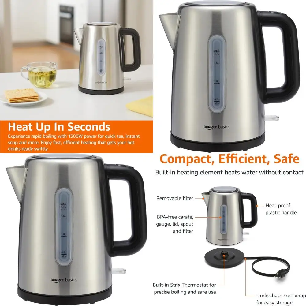 

Электрический чайник из нержавеющей стали: без BPA, 1,7 л, быстрый нагрев, автоматическое отключение, защита от выкипания, 1500 Вт, черный/серебристый