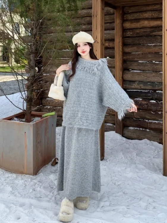 

plus Size Women's Knitted Tassel Sweater High Waist Skirt Set Winter Faion Commute Korean Sle Loose Fit Bright Tead