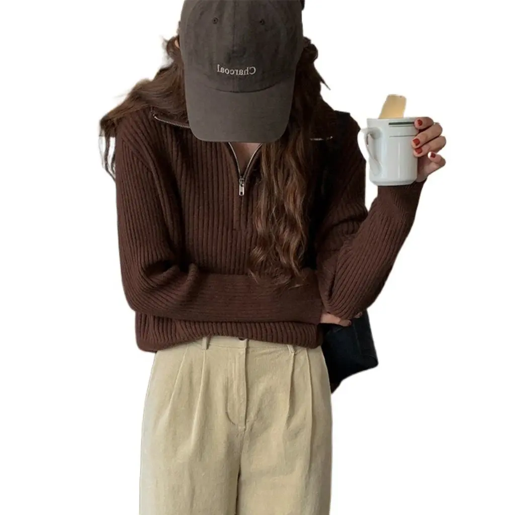 

Women's Long-Sleeved Zipper Inner Loose Knitted Knitwear Western Style Bottoming Top for Autumn Winter New Design Niche