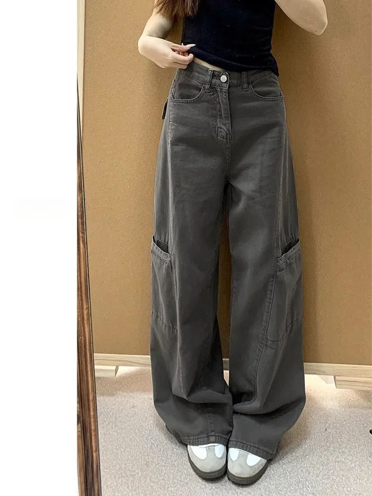 Ey perna larga denim calças de trabalho feminino solto drapeado cintura alta calças compridas para pêra aped plus size emagrecimento jeans retos