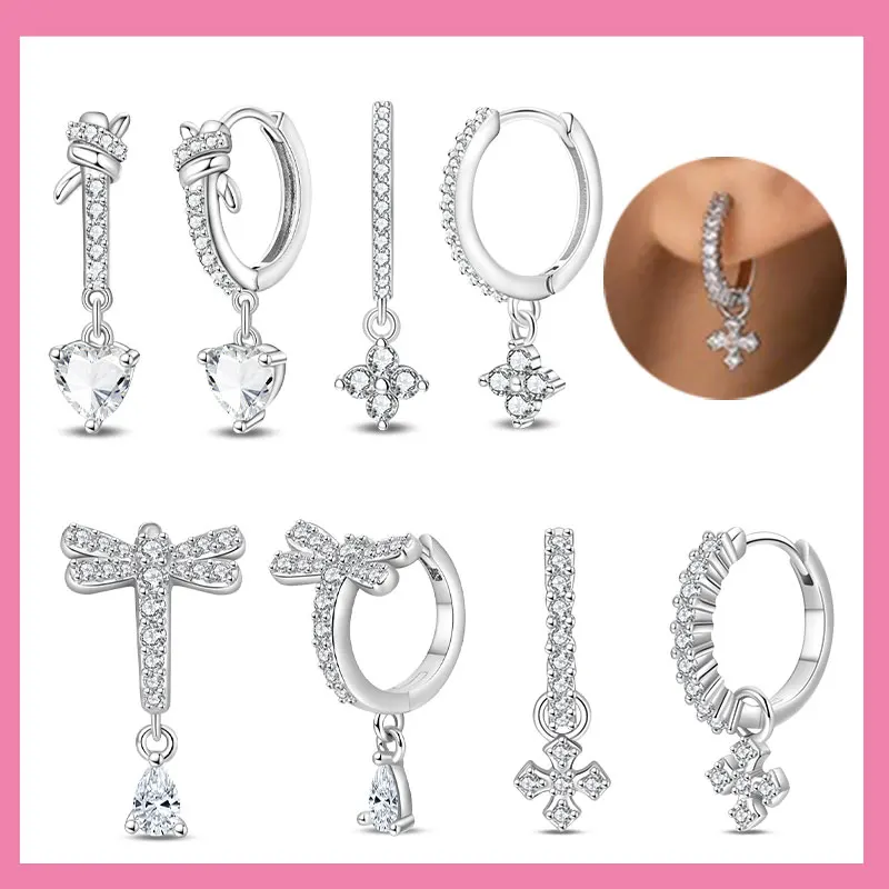 

Серьги-кольца из стерлингового серебра 925 пробы с четырьмя листами клевера и стрекозой в форме сердца, ювелирные изделия на годовщину свадьбы, подарок для женщин