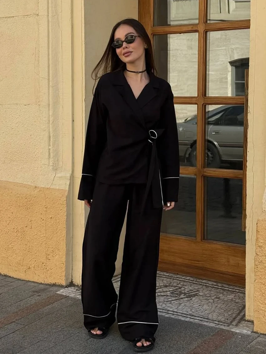 Marthaqiqi Casual Ladies Sleepwear Set Long Sleeve Pajama Lace Up Nightie Sexy Turn-Down Collar Nightgowns Pants Nightwear Suits