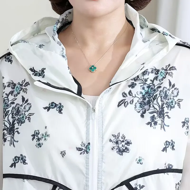 Hàn Quốc In Trung Dài Chống Nắng Bảo Vệ Quần Áo Nữ Cardigan Áo Khoác Có Mũ Trùm Đầu Mùa Xuân Hè Dây Kéo Áo Gió Nữ 2022