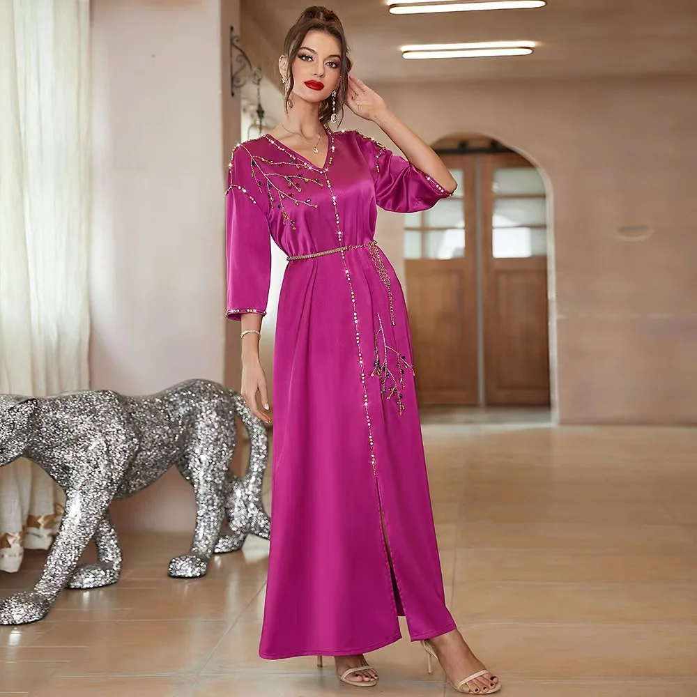 العرقية Sle V-Ne الماس رصع الساتان الدكتور فضفاض الخصر ألف خط طويل الدكتور خمسة أرباع Sve اللون Faion Dr