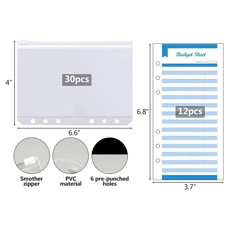 30 bolsos da pasta dos pces com 12 folhas do orçamento da despesa dos pces, bolsos da pasta do zíper da pasta de 6 furos a6 para a pasta do caderno de 6 anéis