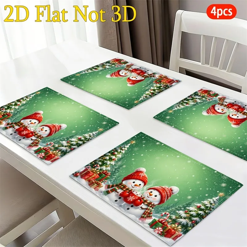 VIKAMA Christmas Linen Placemats, Two Snowmen Hot Cocoa Candy Canes, Absorbent Washable Quick Dry, Holiday Dinner