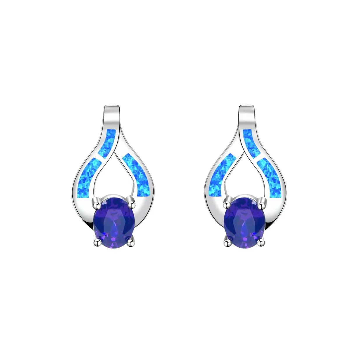 Zweifarbige blaue Opal- und lila Zirkon-Ohrringe, zierliche geometrische Tropfen-Ohrstecker für Frauen, minimalistisches Schmuckgeschenk für Frauen