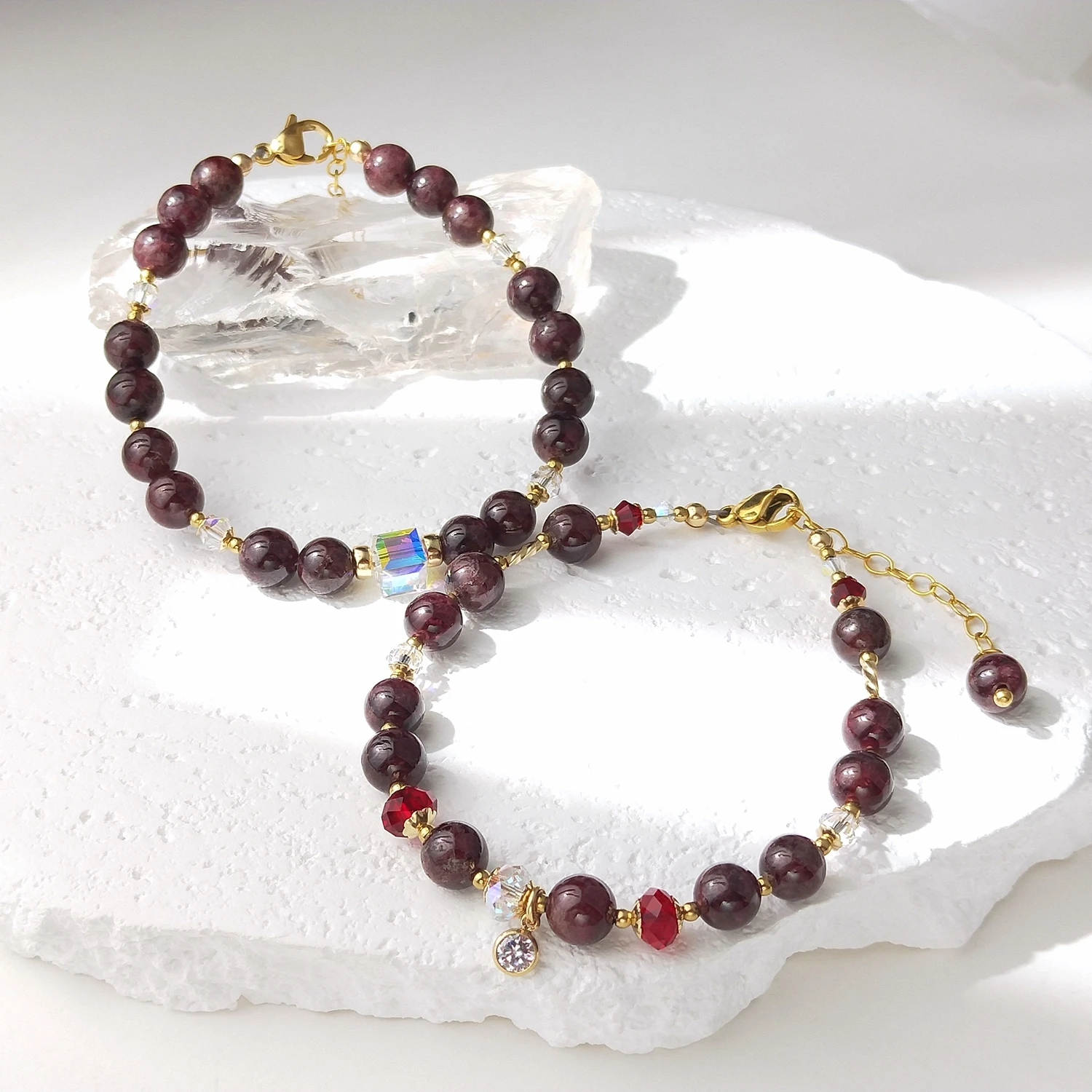 Lii Ji Garnet Natural Stone 2-8mm American 14K Gold Filled Charms Bracelet Handmade Fashion Jewelry