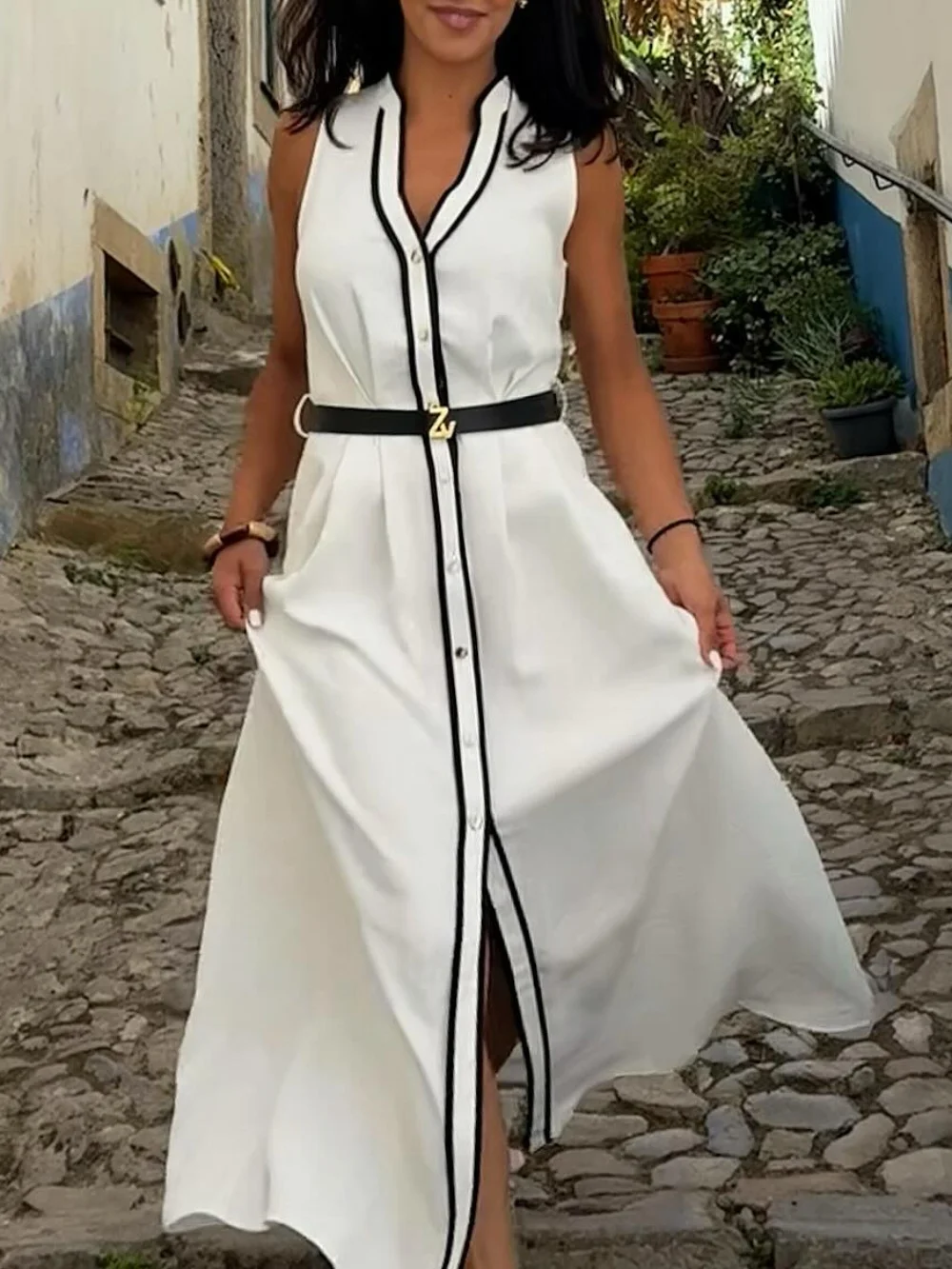 

Women Autumn New Fashion Solid Single-breasted Belt Decorate Dress Female Sexy High Street Pleated Midi Sleeveless Dress