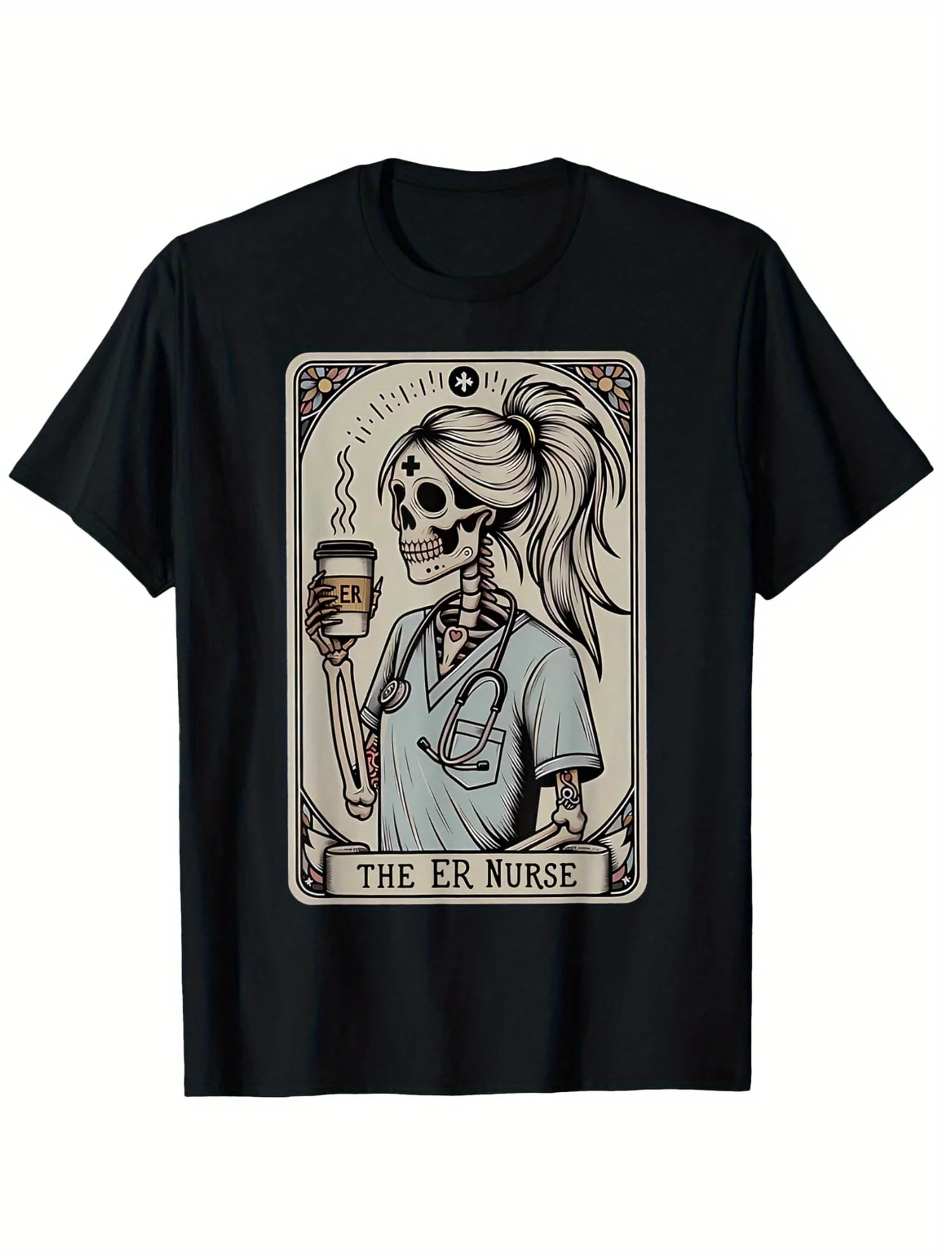 الهيكل العظمي غرفة الطوارئ ممرضة هالوين بطاقة التارو التمريض تي شيرت