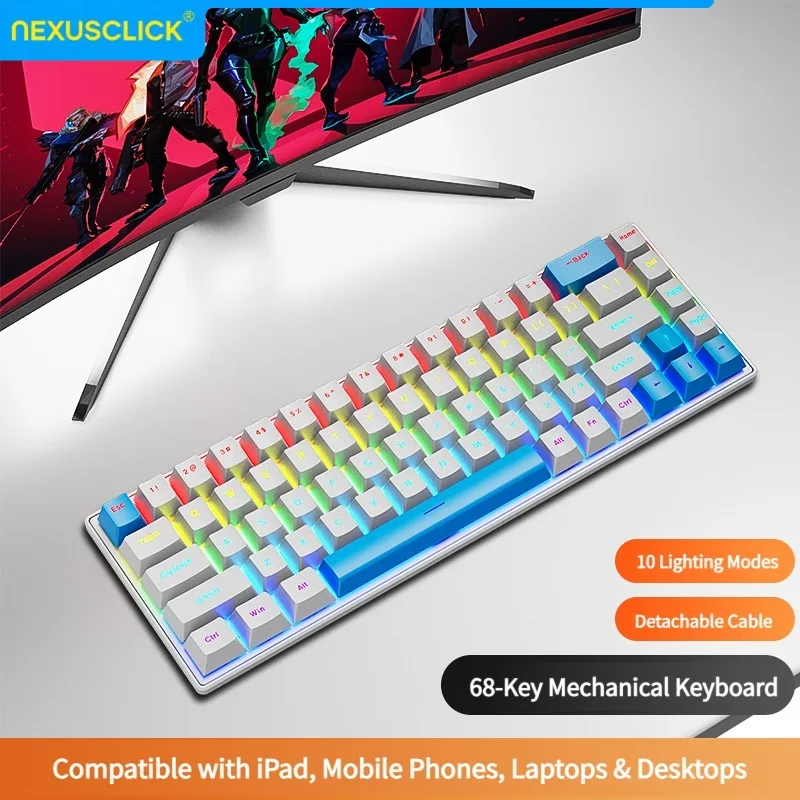 NexusClick K68 Red Switch Wired Mechanical Keyboard,Type-C Plug&Play No Driver RGB Backlight Multi Color Keycaps Gaming Keyboard