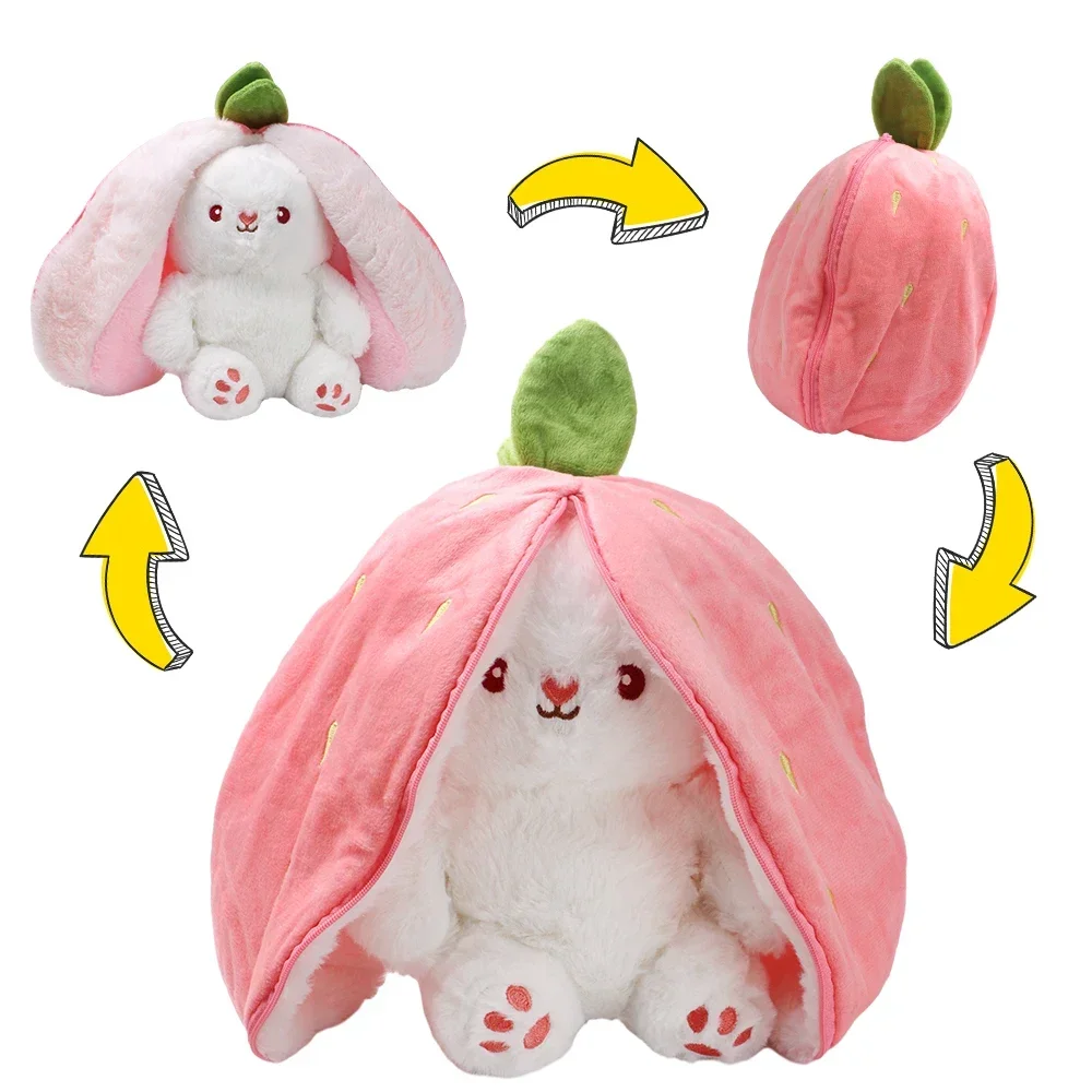 25 cm Cosplay Erdbeere Karotte Kaninchen Plüsch Spielzeug Gefüllte Kreative Tasche in Obst Verwandeln Baby Kuschelige Hase Plushie Puppe Für kind