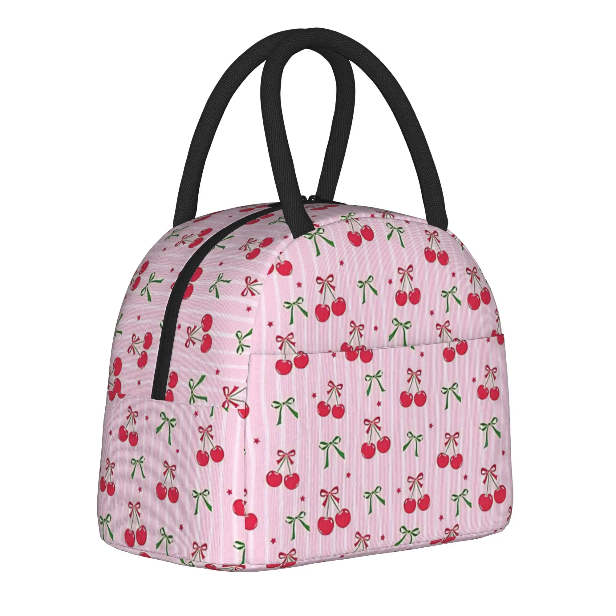 retro bows Insulated Lunch Bag Cooler Bag Reusable,Meal Container Pink Bow Cherry High Capacity Tote Lunch Box Food Storage Bags