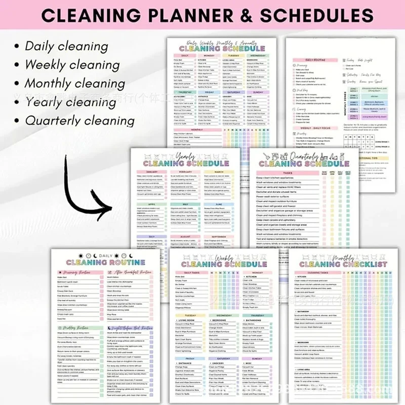 Kit de planification de nettoyage pour la maison - Comprend un calendrier de nettoyage domestique, un plan de nettoyage hebdomadaire/mensuel, des conseils de nettoyage toute l'année, et des outils de nettoyage ménager.