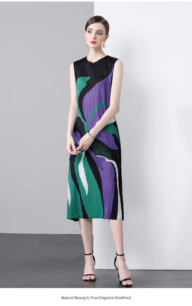 Miyake Pleated, Round Neck Printed Dress, Literary Niche Straight Skirt Pleated Versatile Mother Outfit Foreign Style