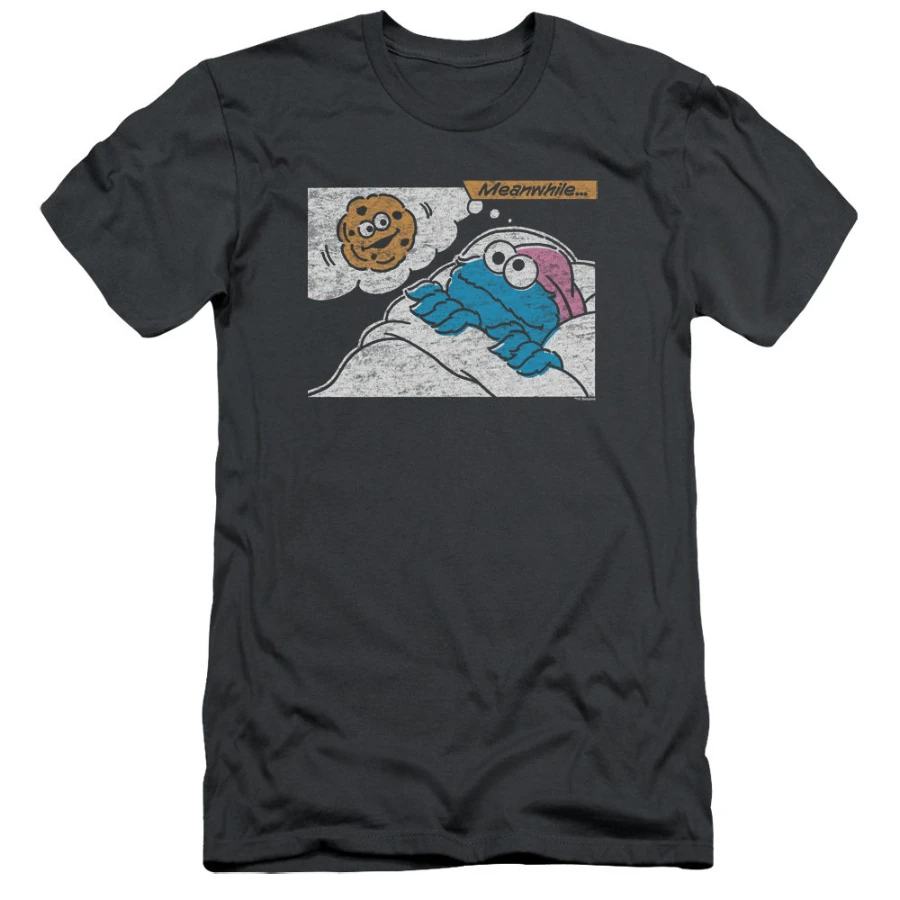Sesame Street Cookie Monster Dreaming About Cookies Adult Charcoal Shirts Print Crew Neck Casual Versatile T-shirt Men Women