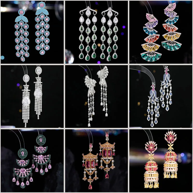 

Heavy Industry Exaggerated Earrings Luxury Color Zircon High End Design Evening Dress Paired with Long Tassel Earrings for Women