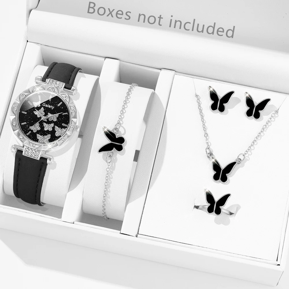 6PCS/Set Women Watch Set Rhinestone Quartz Wristwatch Butterfly Element Dial Watch Set Butterfly Jewelry Set Gift For Girls